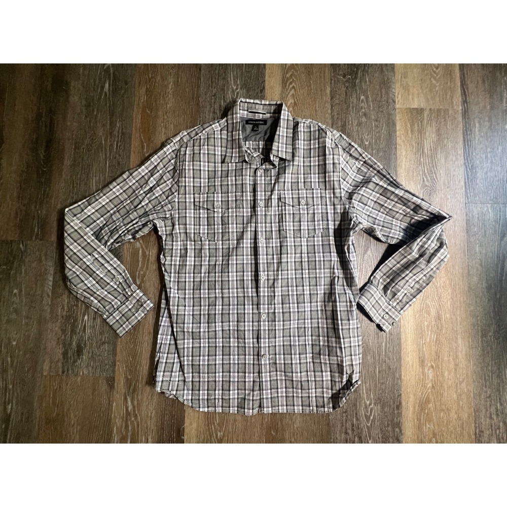 Banana Republic Plaid Button Down Mens Large Grey Excellent Long Sleeve Pockets